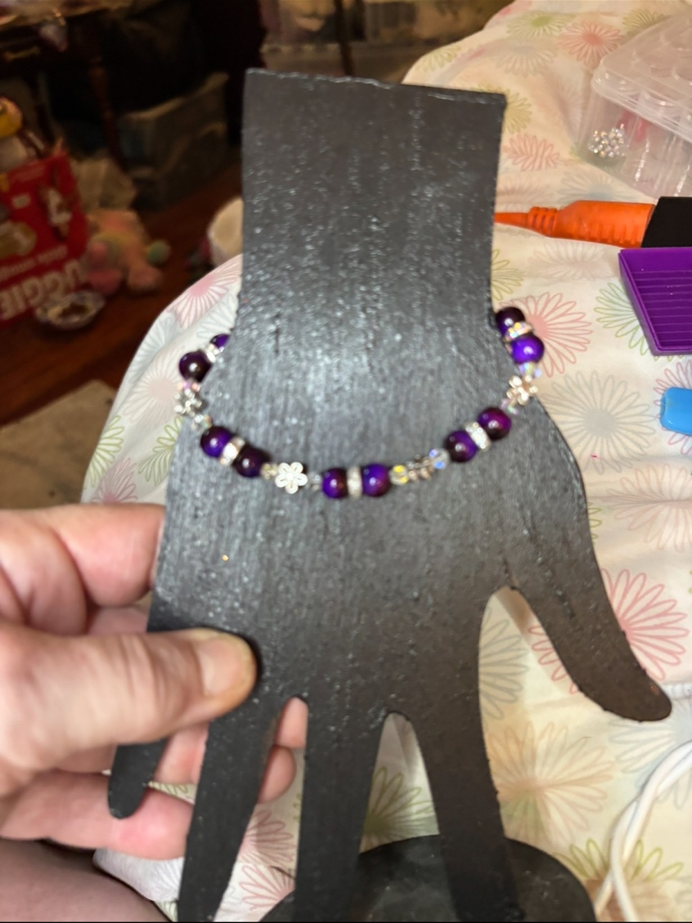 Purple Beaded Bracelet with Flower Accents